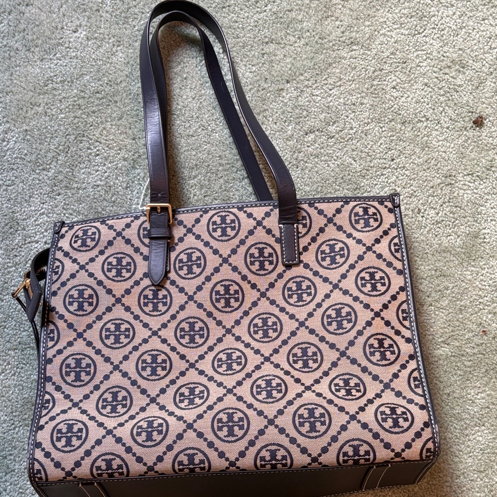 Tory Burch Blue and Light tan Logo-Print Canvas Tote